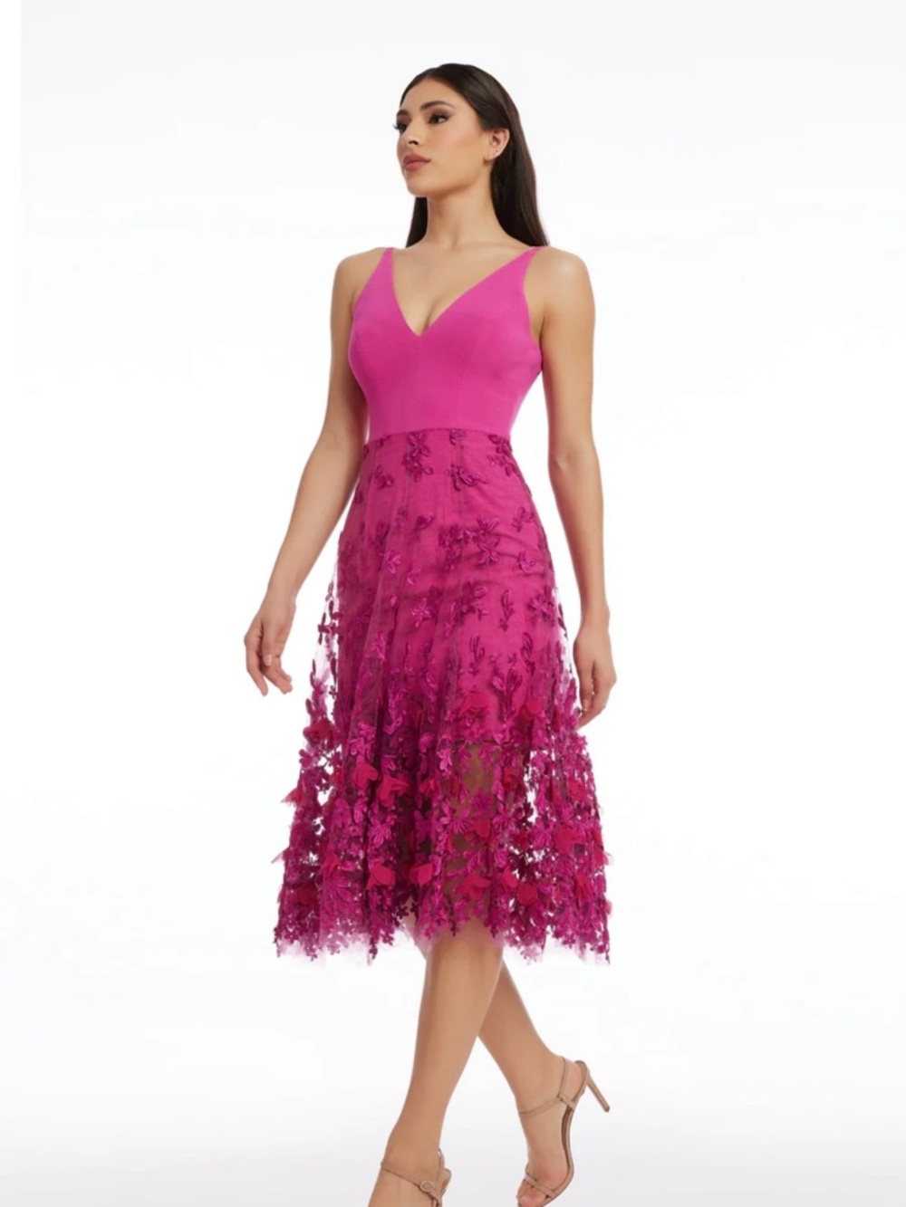 Dress the Population Fuchsia Floral Applique V-Neck Midi Dress